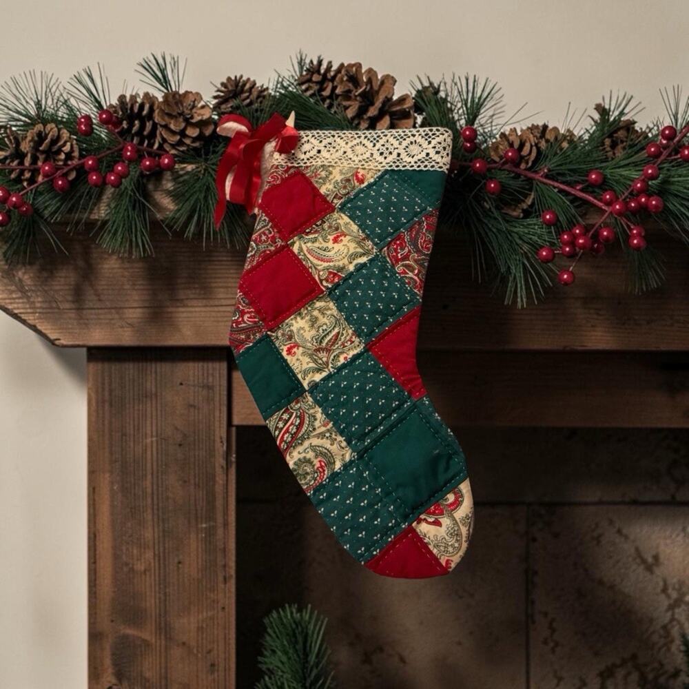 Vintage Handmade Patchwork Christmas Stocking Lace Hand Stitched 18” 3653/41